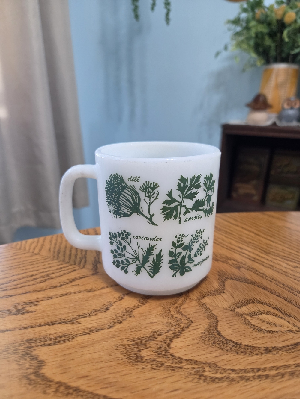 Vintage Glasbake Green Herb Botanical Milk Glass Mug Dill Parsley Coriander